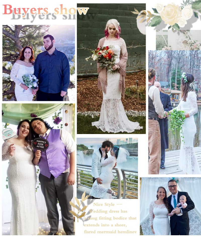 LALAGEN Women's Floral Lace Long Sleeve Off Shoulder Wedding Mermaid Dress White XXL - Image 3